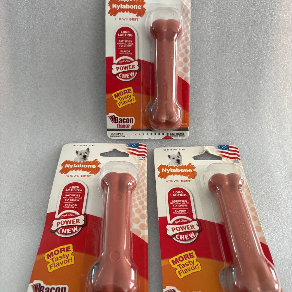 3 Nylabone Bacon Flavored Dog Chew Toy Bones 5" each For Dogs Up to 25 lbs. NEW